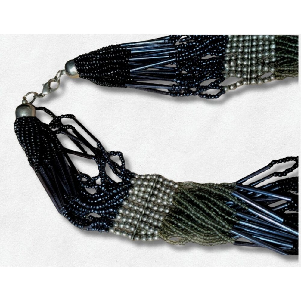 Multi-Strand Seed Bead Necklace Black Olive Silver Boho Fringe Bib 26" Earthy